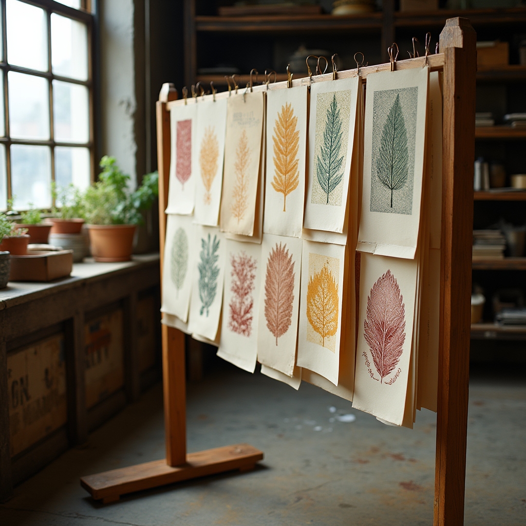 Freshly printed letterpress sheets hanging on a wooden drying rack in a studio, showing varied designs in muted earth tones drying after printing