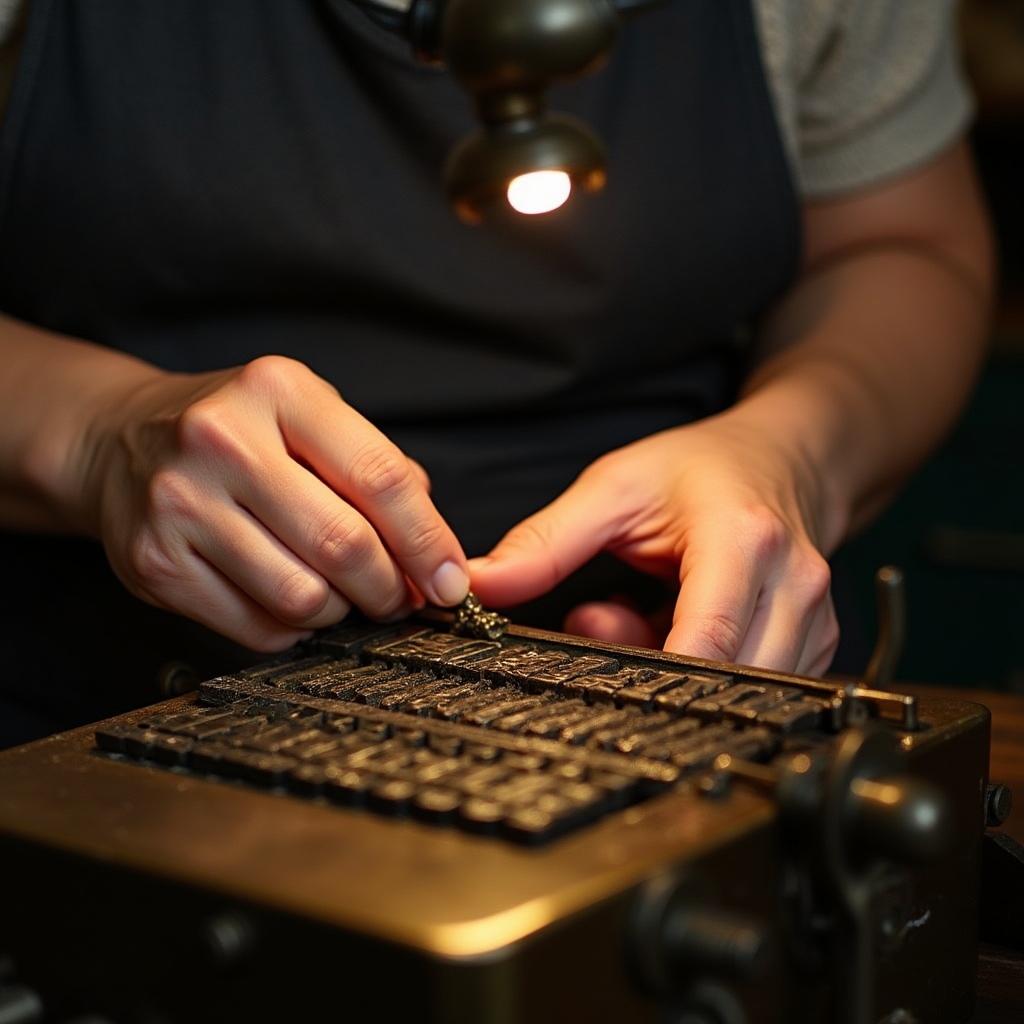 Hands setting individual metal type characters into a composing stick, focused on the careful placement of lead type slugs