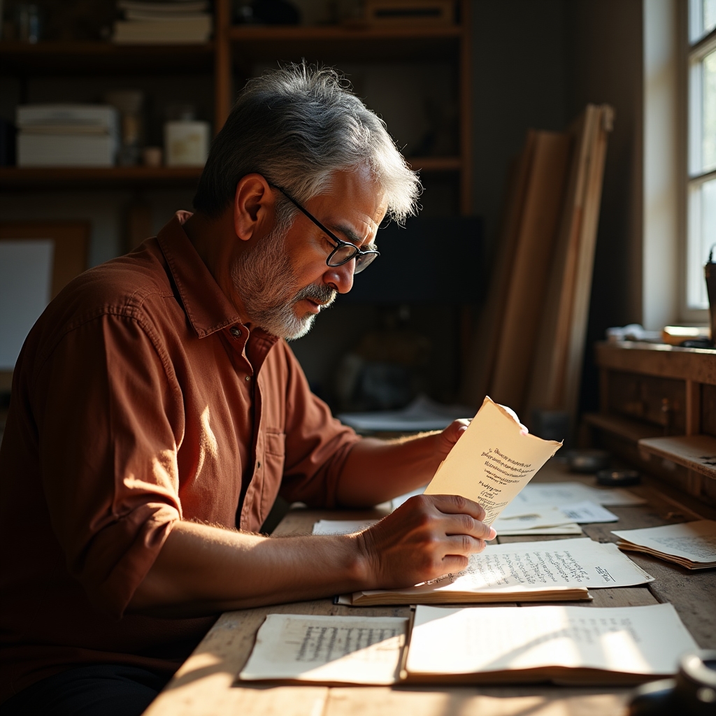 A typography instructor examining a printed proof sheet at a well-lit wooden work table covered with type specimens and reference books